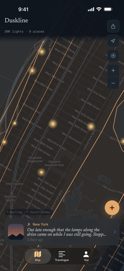 The map at street level over the Upper West Side: warm lights sitting on named streets, routes drawn along them, over a dark ground.