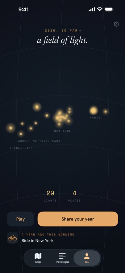 The year as a field of light: clusters of warm points labelled with the places they happened in.