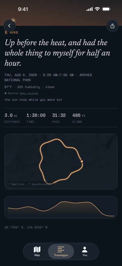 A desert hike: the trace drawn on open ground with almost no roads on it, and the elevation profile of the walk below it.
